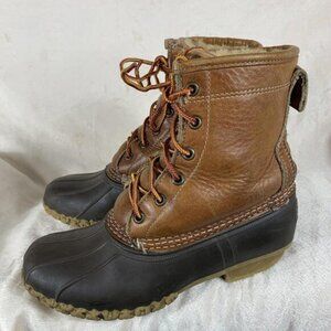 LL Bean Womens Sz 6 Duck Boots Tan Brown Leather Rubber Classic Waterproof READ
